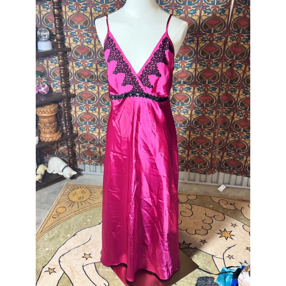 Delicates Hot Pink Satin Maxi Nightgown Black Lace Lingerie Dress Large